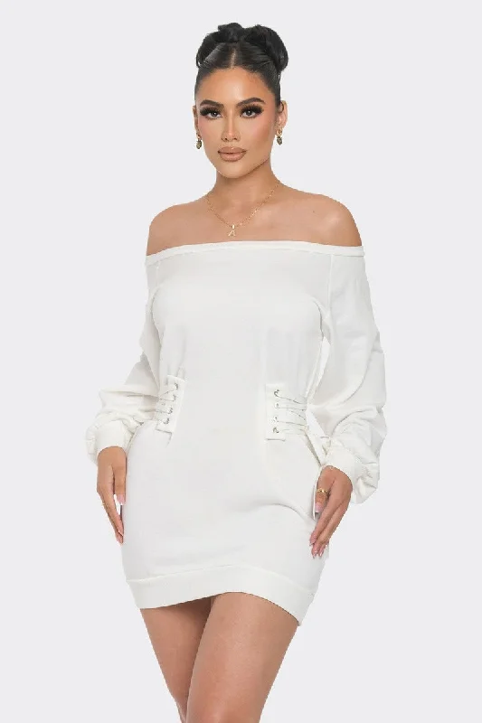 Just Vibe Off Shoulder White Mini Dress Trendy Bodycon Mini Dress