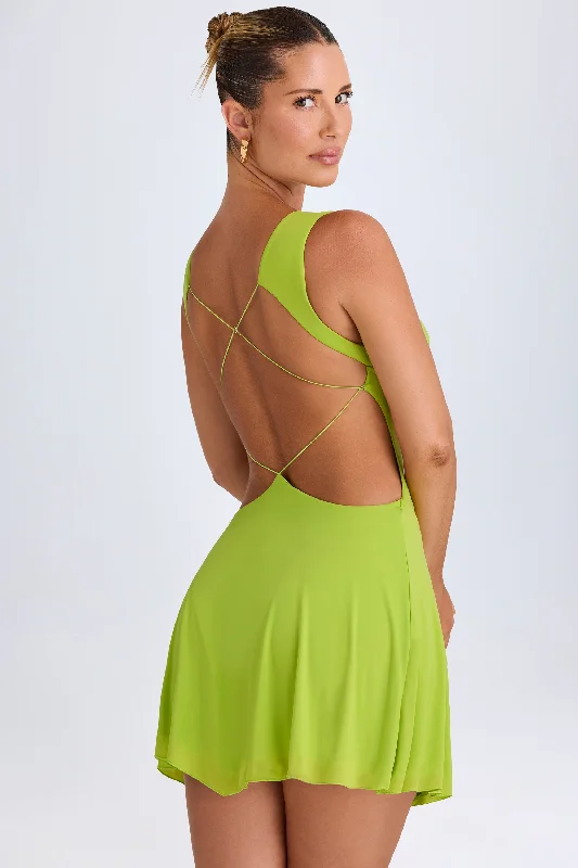 Plunge Cut-Out Mini Dress in Lime Green Trendy Crossover Mini Dress