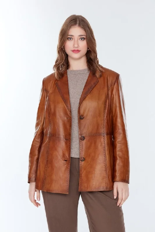 Kartherine Waxed Brown Leather Jacket for Women Faux Fur Fabric Real Fur Fabric Shearling Fabric