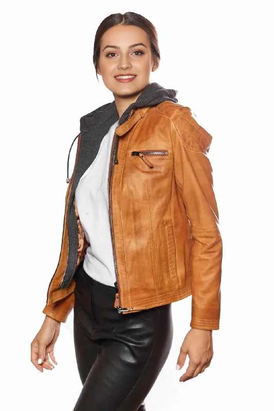 Katrina With Stylish Look Women Orange Leather Jacket With Hood Cotton Jacket Linen Jacket Terry Jacket