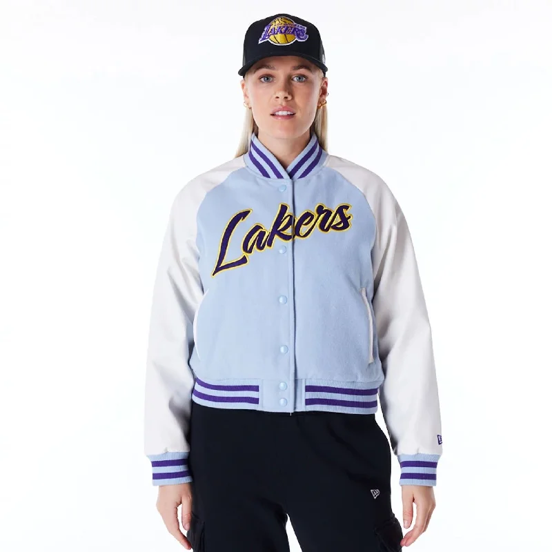 LA Lakers Womens NBA Pastel Blue Varsity Jacket Zippered Front Buttoned Front Snap Front