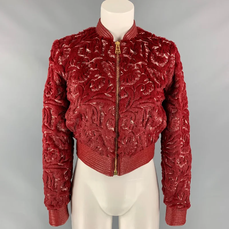 LA PERLA Size 0 Red & White Faux Fur Polyester / Cotton Embroidered Bomber Jacket Ribbed Jacket Pleated Jacket Ruffled Jacket