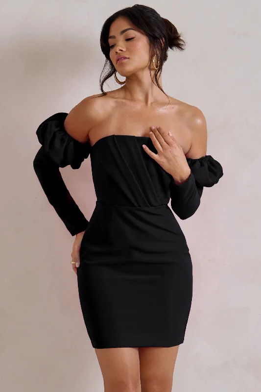 Laurie | Black Bardot Puff  Long Sleeve Mini Dress Stylish Short Sleeve Mini Dress