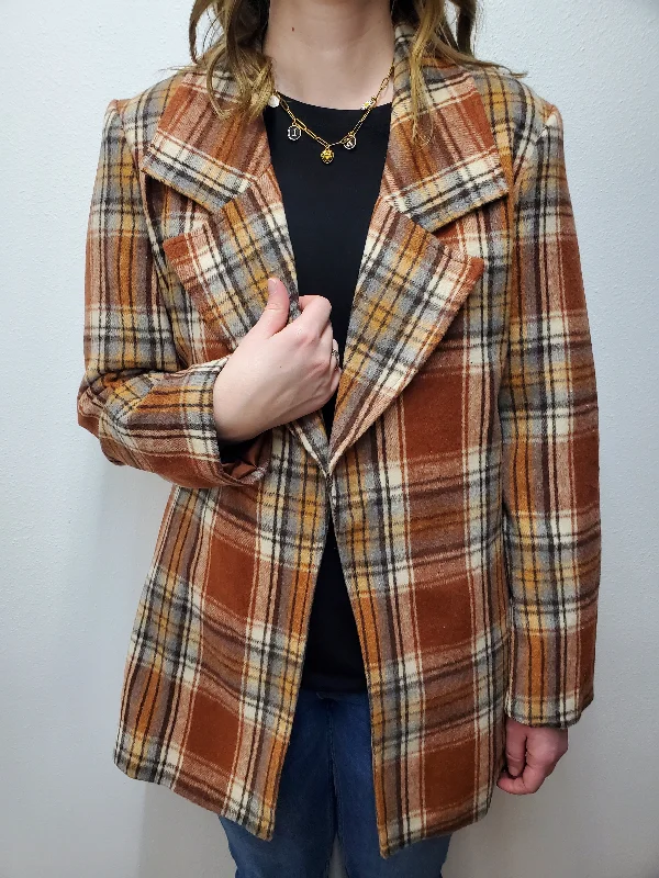 LONG LINED PLAID JACKET - RUST MULTI Welt Pockets Slit Pockets Flap Pockets