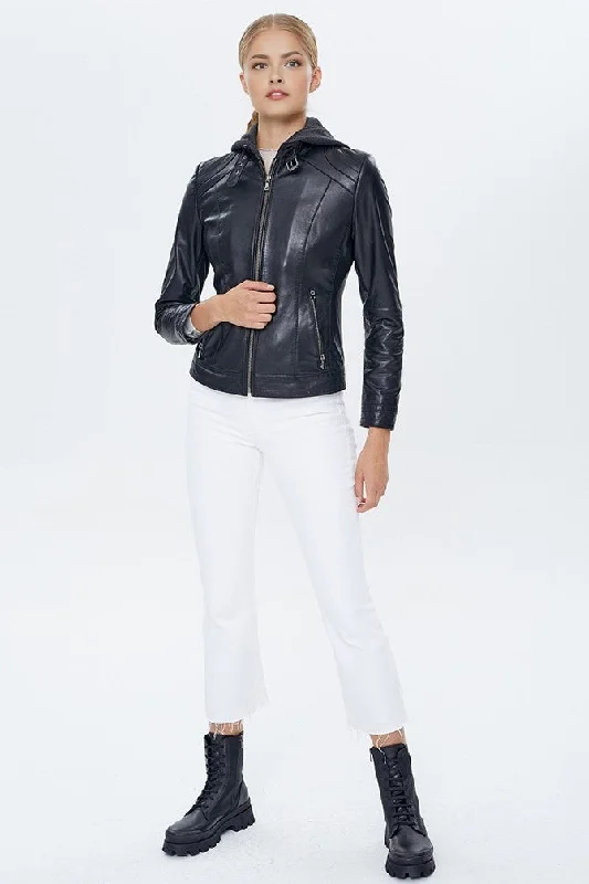 Luna Black Hooded Leather Jacket For Women Rayon Jacket Velvet Jacket Corduroy Jacket