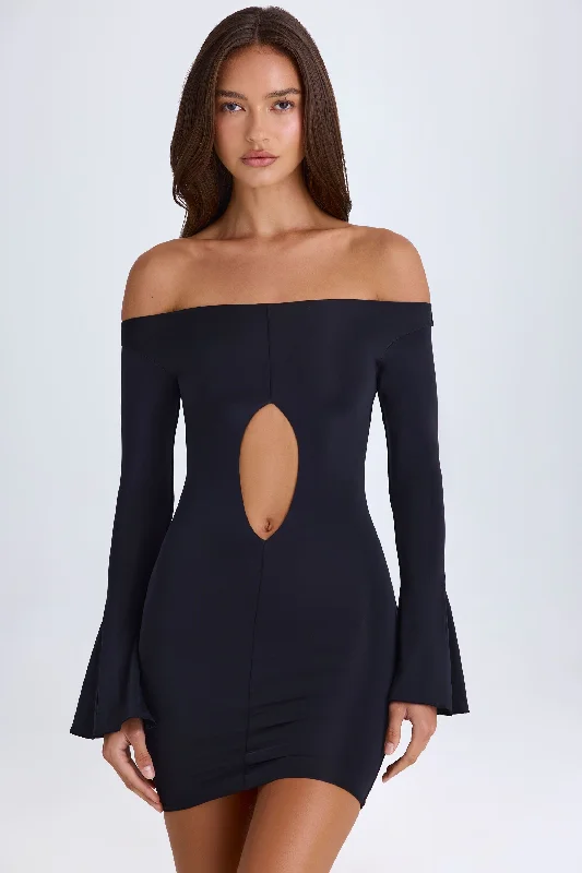 Off-Shoulder Cut-Out Mini Dress in Black Cozy Sweater Mini Dress