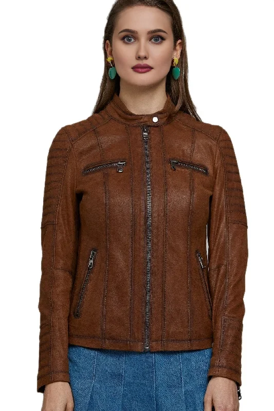 Madonna Brown Leather Jacket For Women Elasticated Jacket Padded Jacket Insulated Jacket