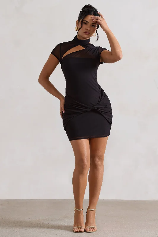 Mandi | Black Mesh Halter-Neck Cut-Out Mini Dress Fashionable Party Mini Dress