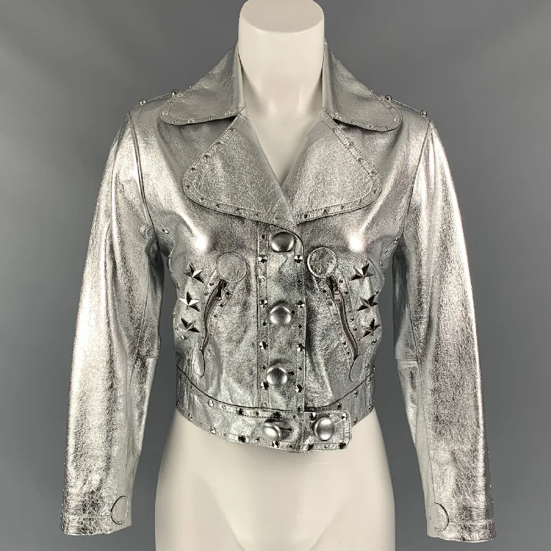 MARC by MARC JACOBS Size 6 Silver Leather Studded Rhinestones Cropped Jacket Lace Jacket Ribbed Jacket Sequined Jacket