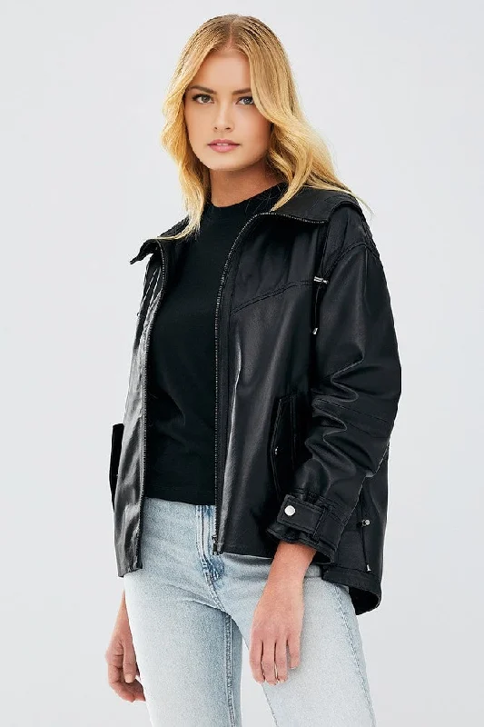 Martha Black Hooded Leather Jacket For Women Denim Jacket Leather Jacket Suede Jacket