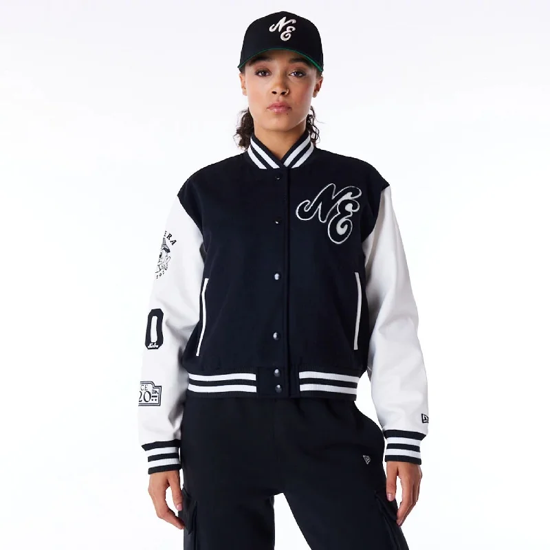 New Era Womens Black Varsity Jacket Zippered Jacket Buttoned Jacket Snapped Jacket