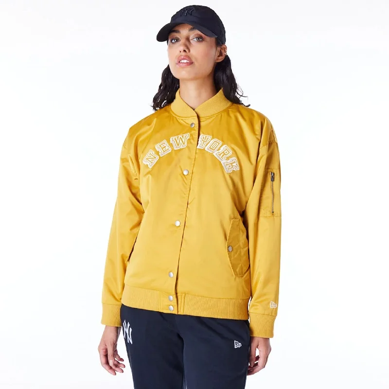 New York Yankees Womens MLB Dark Yellow Bomber Jacket Snapped Jacket Toggled Jacket Drawstring Jacket