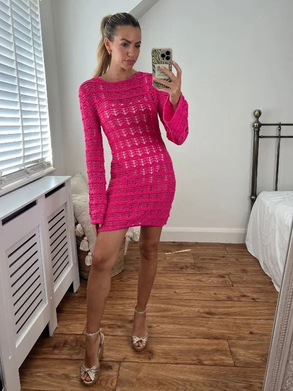 Ocean Long Sleeve Lace Back Mini dress / Pink Casual V-Neck Mini Dress