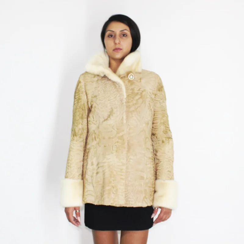 OMIKRON Astrakhan pearl jacket with pearl mink trimming Boat Neck Shawl Collar Notched Collar