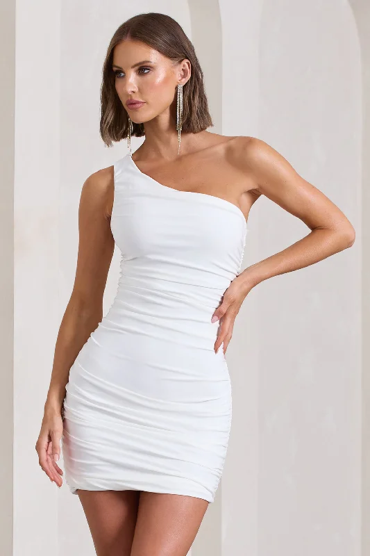 Onyx | White Ruched One Shoulder Mini Dress Modern Satin Mini Dress