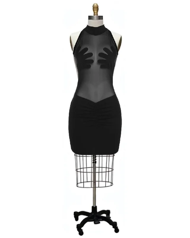 Palmed- the Surrealist Black Sheer Mini Dress with Hand Cups Comfortable Wrap Mini Dress