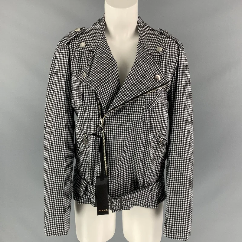 PINKO Size 6 Black & White Gingham Cotton Asymmetrical Jacket Hoodie Zip-Up Jacket Button-Up Jacket