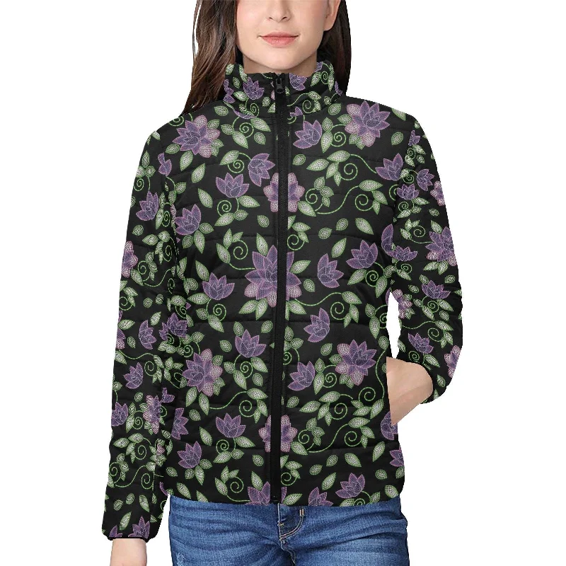 Purple Beaded Rose Women's Stand Collar Padded Jacket Welt Pockets Slit Pockets Flap Pockets