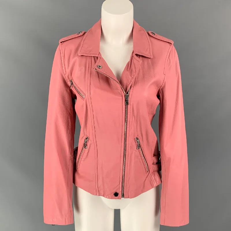 REBECCA TAYLOR Size 6 Pink Leather Motorcycle Jacket Front Pockets Side Pockets Patch Pockets