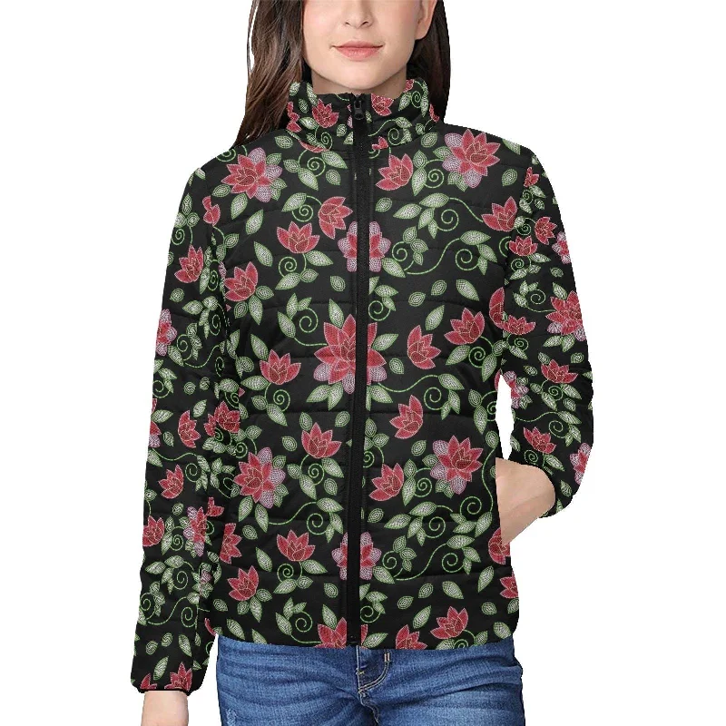 Red Beaded Rose Women's Stand Collar Padded Jacket Chenille Fabric Brocade Fabric Lace Fabric