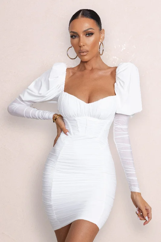 Reminiscent | White Puff Sleeved Ruched Mini Dress Chic Puff Sleeve Mini Dress