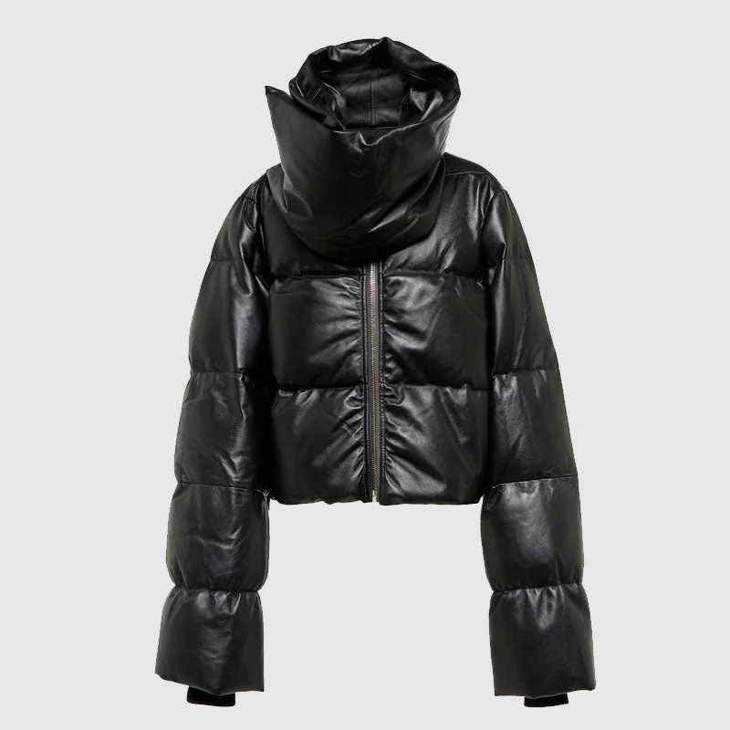 Shop Best Winter Funnel-Neck Leather Down Jacket Genuine Puffer Jacket A-Line Jacket Boat Neck Shawl Collar