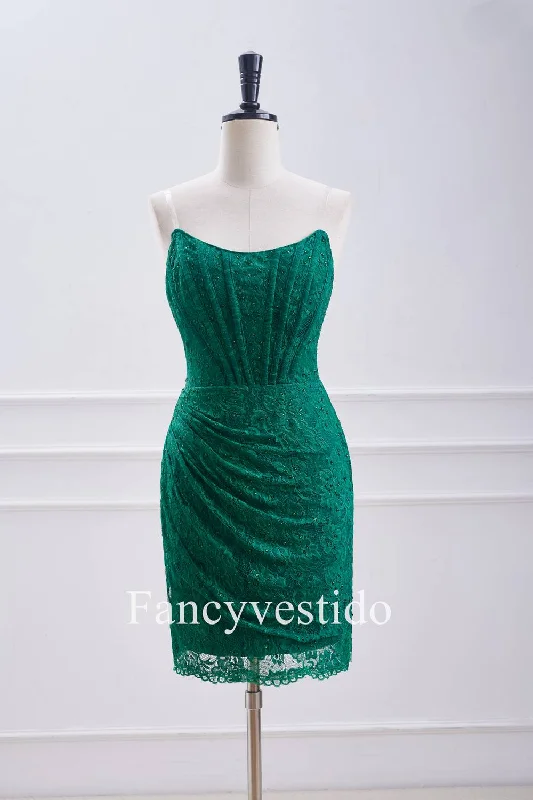 Strapless Emerald Green Fitted Beaded Corset Lace Mini Dress Comfortable Linen Mini Dress