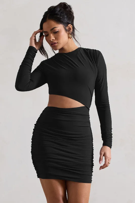 Tana | Black Ruched Bodycon Long Sleeve Cut-Out Mini Dress Comfortable Bodycon Mini Dress