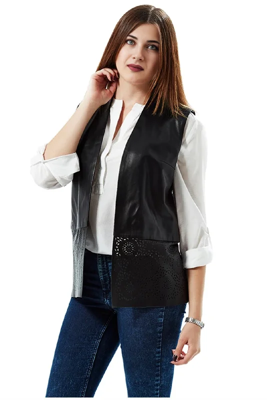 Tawana Vest Black Front Open Leather Jacket For Women Nylon Jacket Polyester Jacket Spandex Jacket