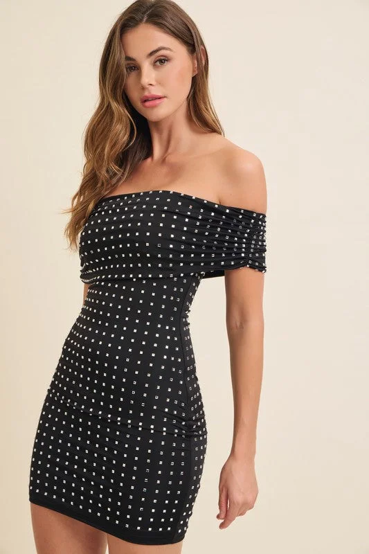 The Party Is Here Black Studded Mini Dress Elegant Off-Shoulder Dress Mini