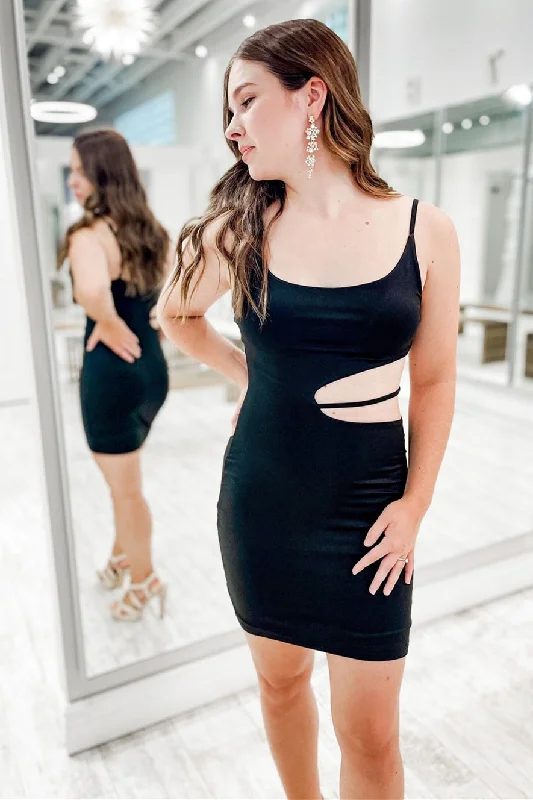 Tight Straps Black Side Cutout Mini Dress Comfortable Shift Mini Dress