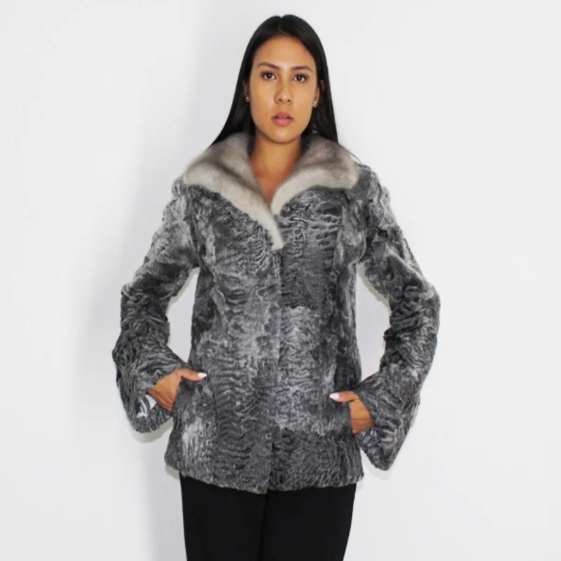 TRIANTA Astrakhan grey jacket with sapphire mink collar Anorak Shell Jacket Lightweight Jacket