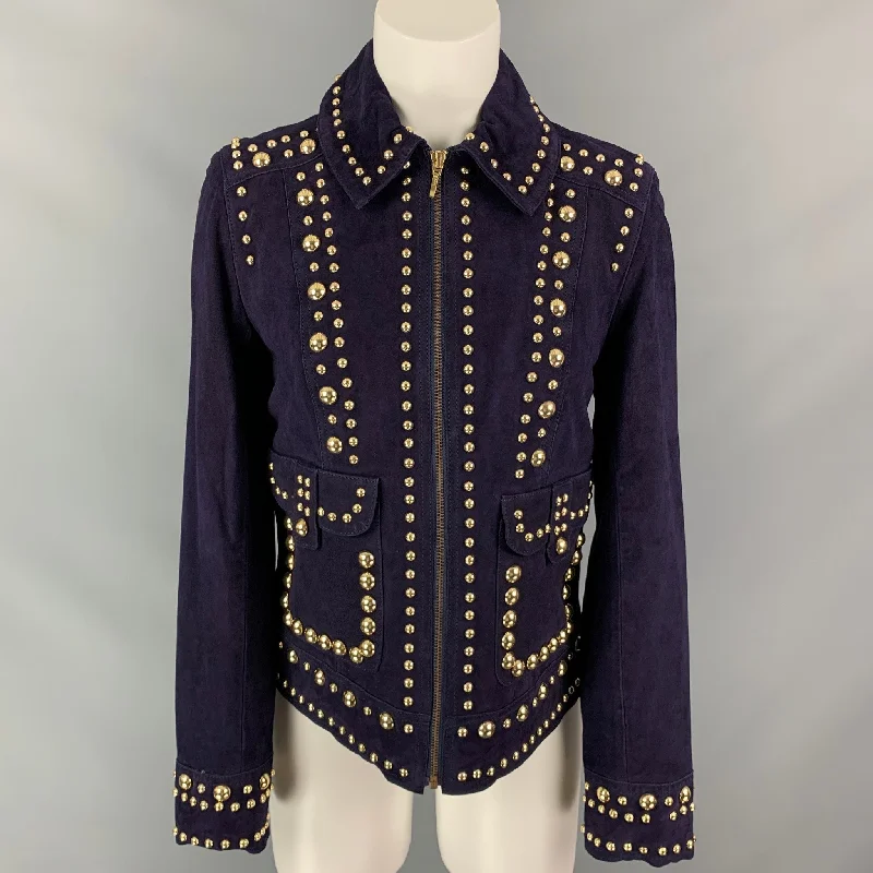 TRINA TURK Size S Purple & Gold Suede Studded Jacket Bomber Jacket Anorak Windbreaker