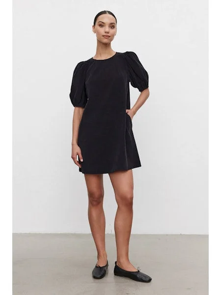 Velvet Cathy Corduroy Mini Dress Black Chic Puff Sleeve Mini Dress