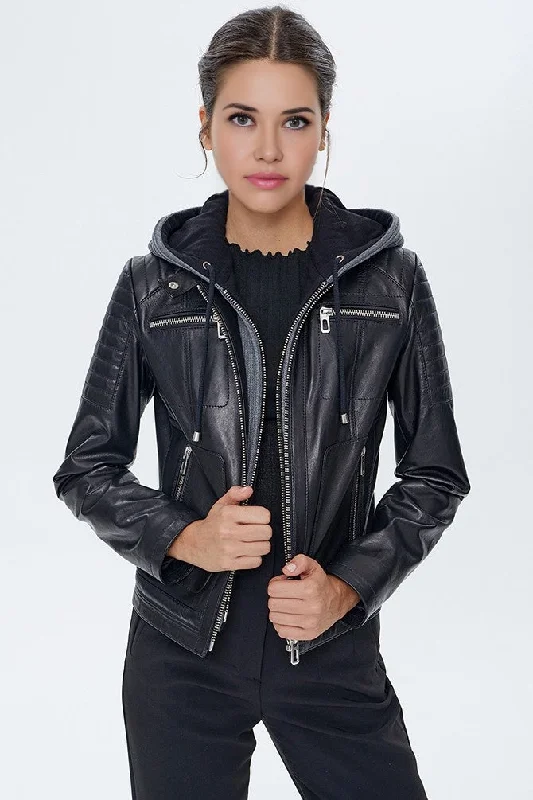 Women Black Leather Jacket With Zip Hood Fleece Jacket Down Jacket Feather Jacket