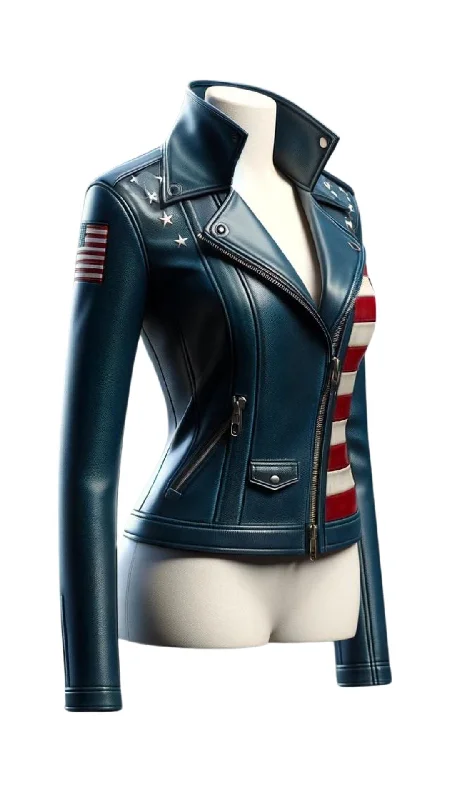 Women Blue Leather Jacket with American Flag Embroidered Jacket Appliqued Jacket Beaded Jacket