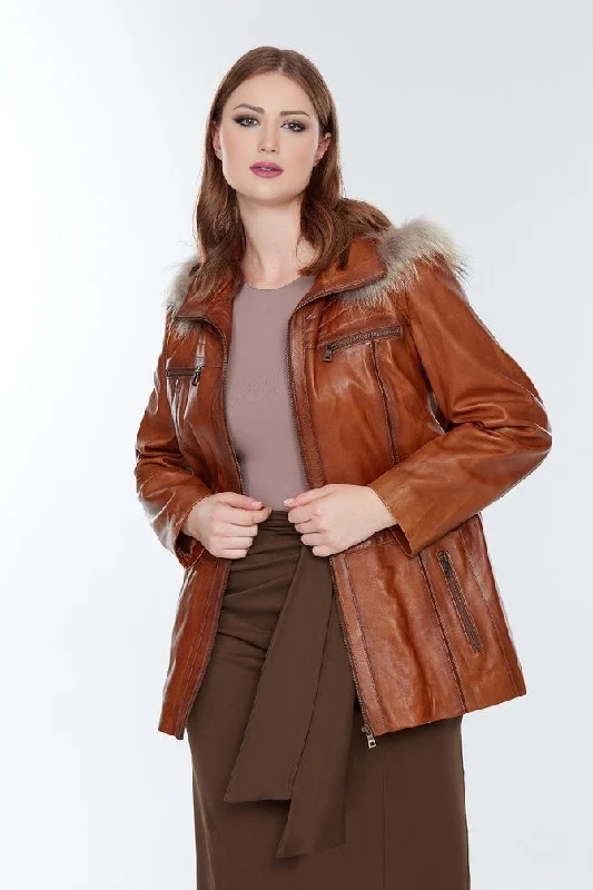 Women Brown Leather Jacket One-Shoulder Jacket Off-the-Shoulder Jacket Asymmetrical Jacket