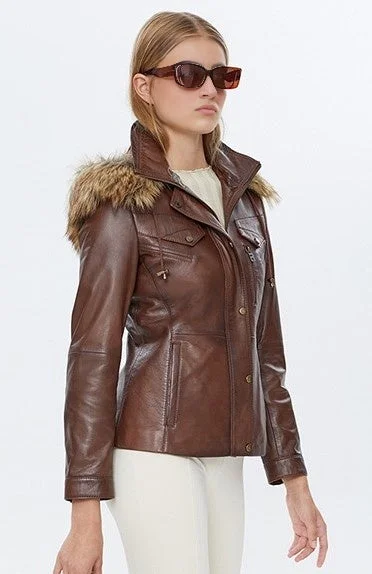 Women Brown Leather Jacket Denim Fabric Leather Fabric Suede Fabric