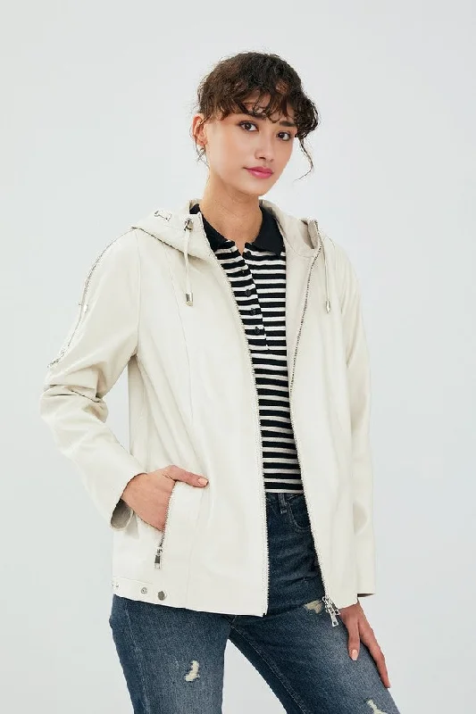 Women White Leather Jacket A-Line Jacket Boat Neck Shawl Collar