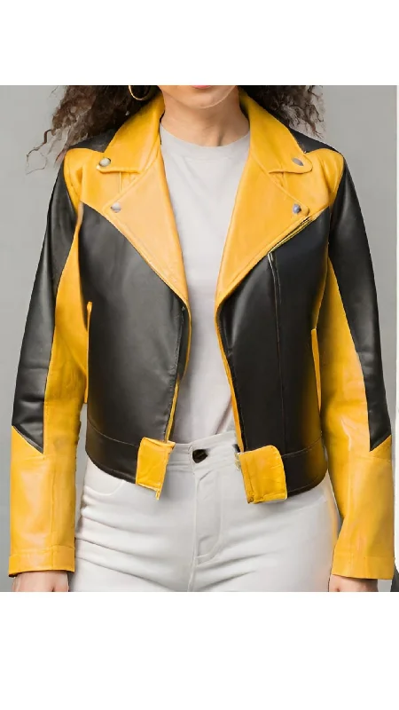 Yellow & Black Leather Jacket For Women Notch Collar Peter Pan Collar Cowl Neck