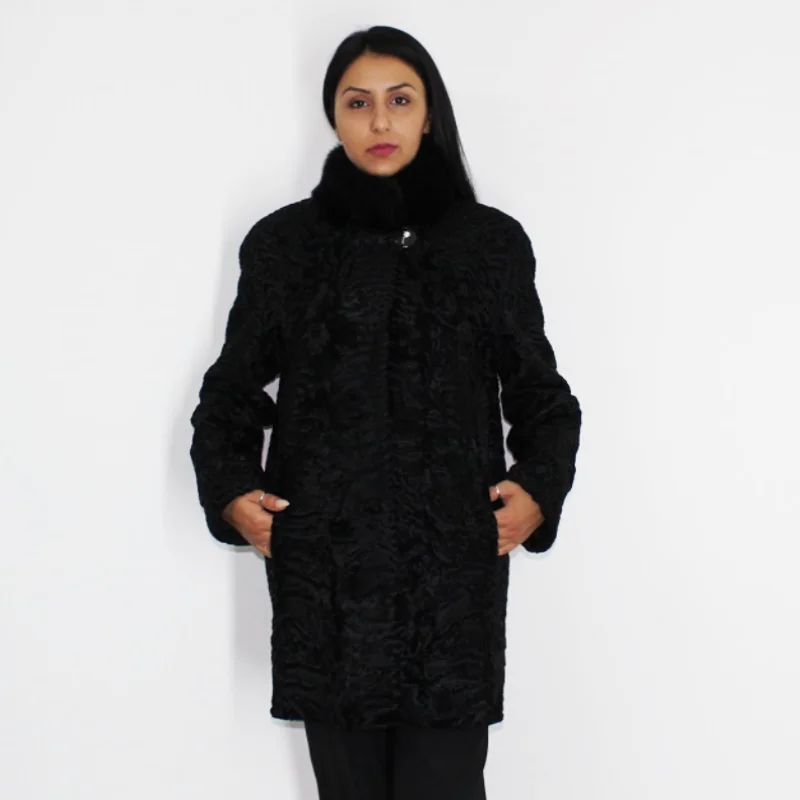 YIOTA Astrakhan black jacket with mink collar Snapped Jacket Toggled Jacket Drawstring Jacket