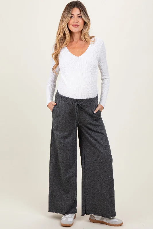 Charcoal French Terry Raw Edge Maternity Wide Leg Pants Classic Cropped Pants