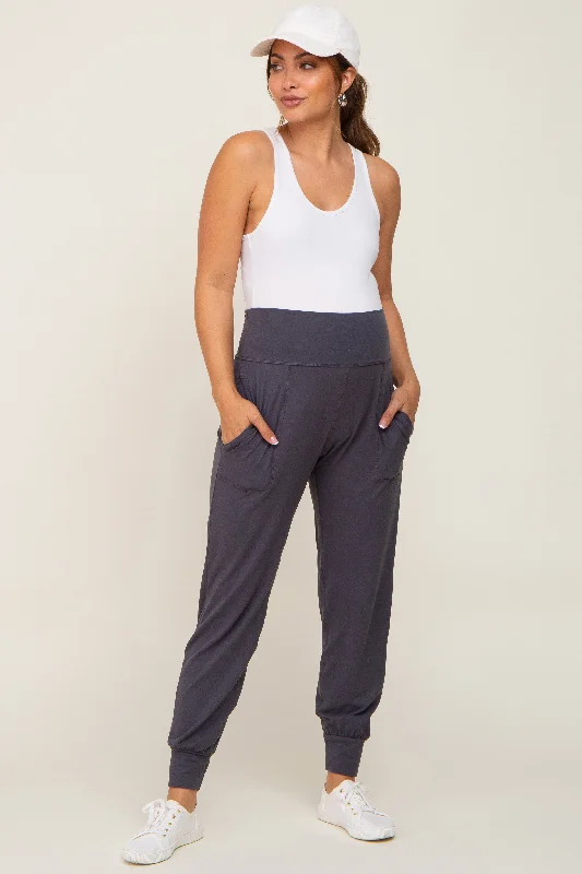 Charcoal Soft Maternity Jogger Pants Trendy Wide-Legged Trousers