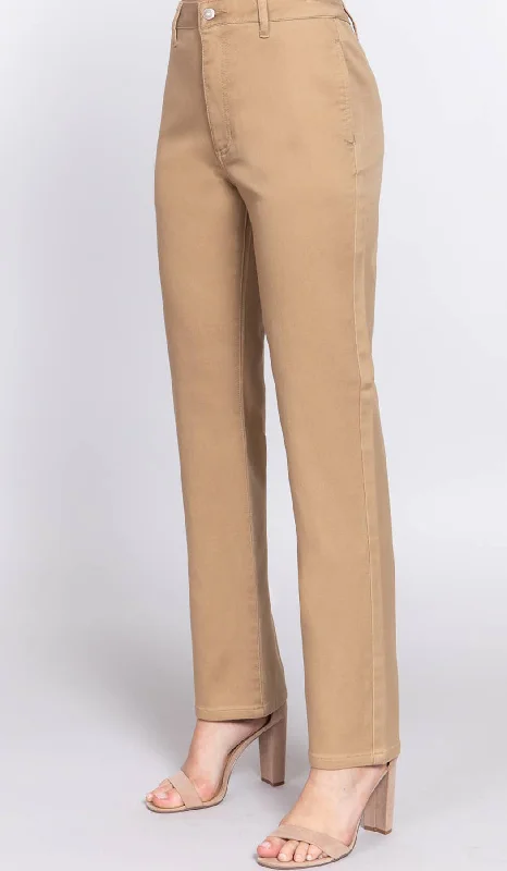 Erem Straight Fit Stretch Cotton Twill Long Pants - Khaki Classic Flared Pants