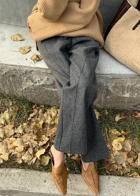 Grey Solid Pockets Woolen Pants Elastic Waist Winter Soft Wool Pants