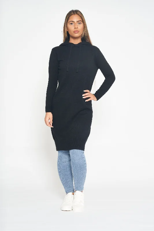 Hooded Jumper Midi- Black Hoodie with Drop Shoulder Relaxed Streetwear