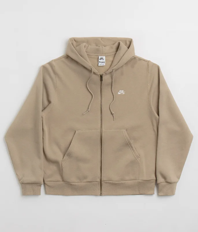 Nike SB Essential Logo Full Zip Hoodie - Khaki / White Oversized Hoodie Comfort Casual