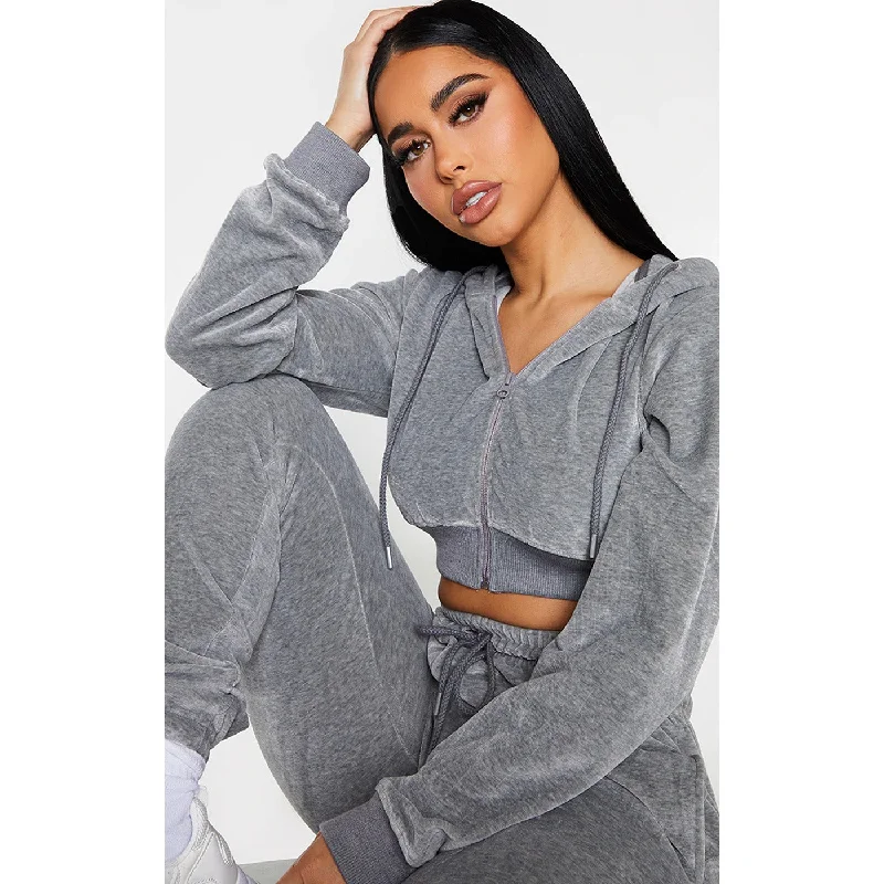 PTL Grey Cropped Hoodie Hoodie with Ribbed Cuffs Snug Fit Comfort