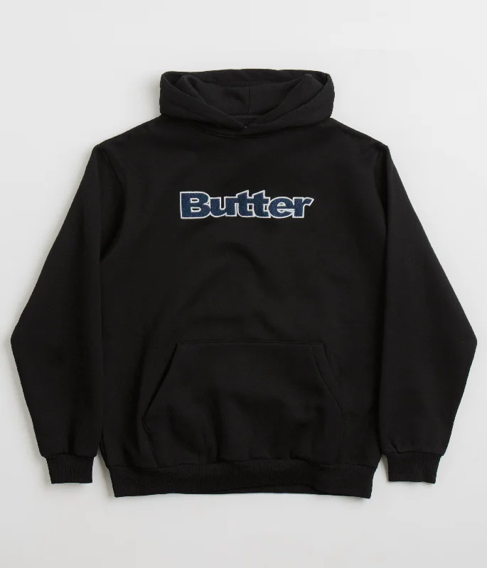 Butter Goods Logo Denim Applique Hoodie - Black Hoodie with V-Neck Classic Versatile