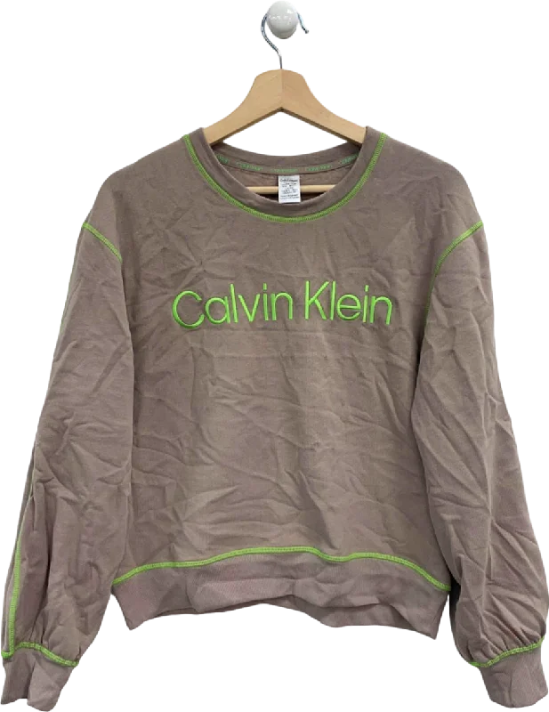 Calvin Klein Taupe/Neon Green Crew Neck Sweatshirt UK XS Hoodie Crop Top Short Trendy